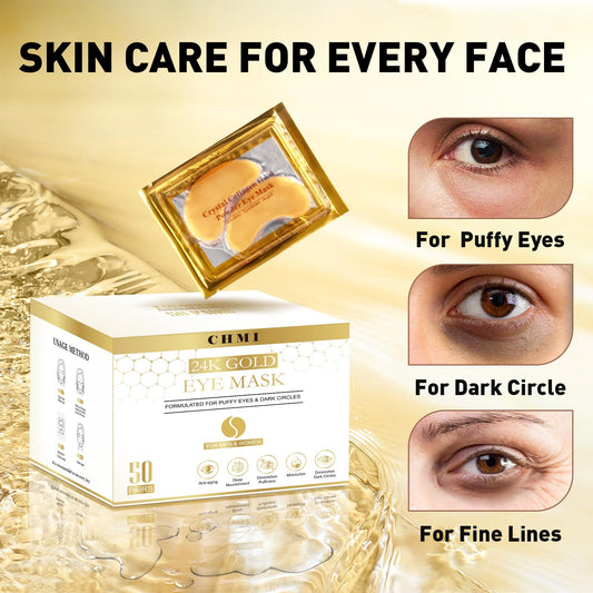 24K Gold Under Eye Patches for Dark Circles & Puffiness - 100 Pairs