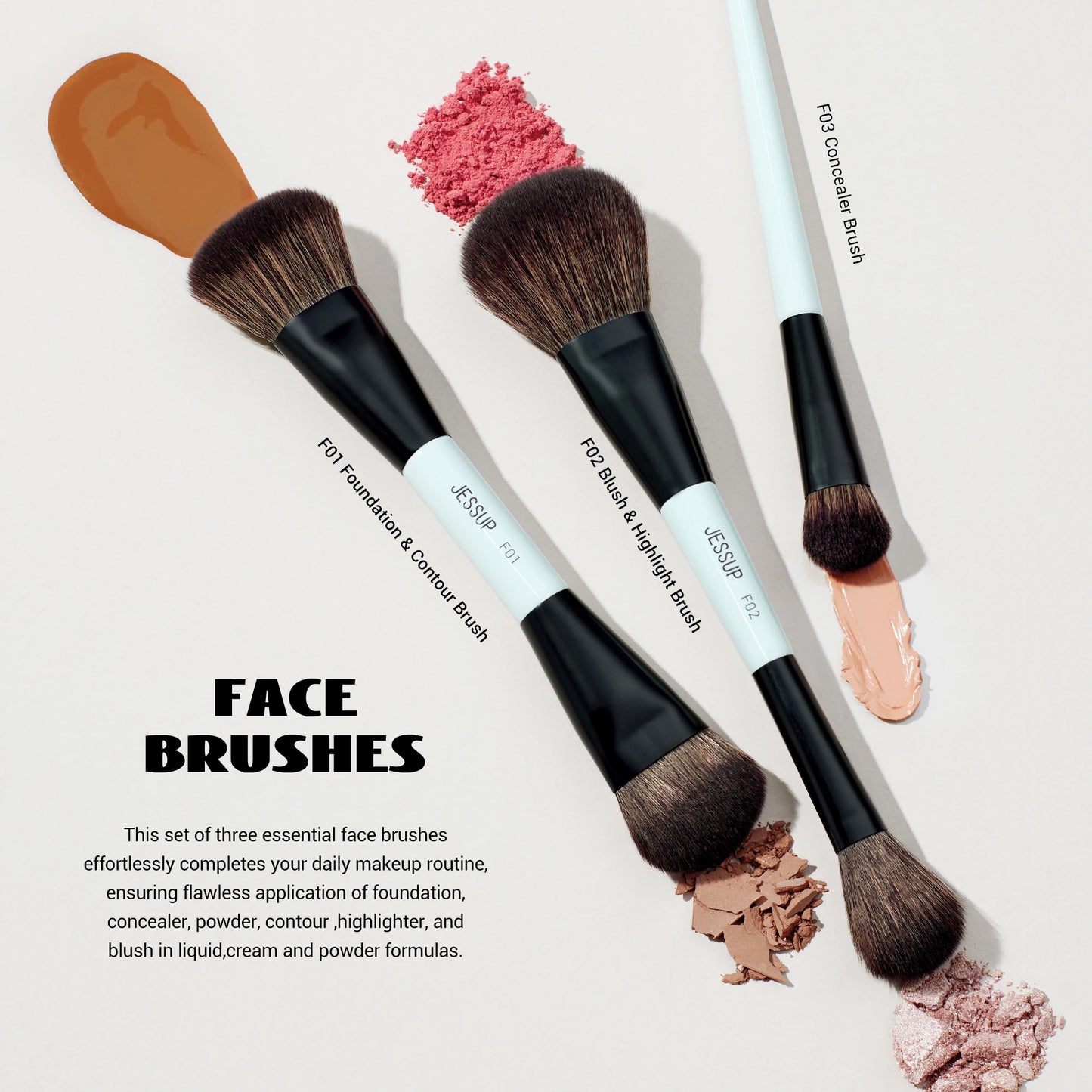 Jessup Double-Sided Makeup Brush Set – Foundation, Contour & Eyeshadow Brushes
