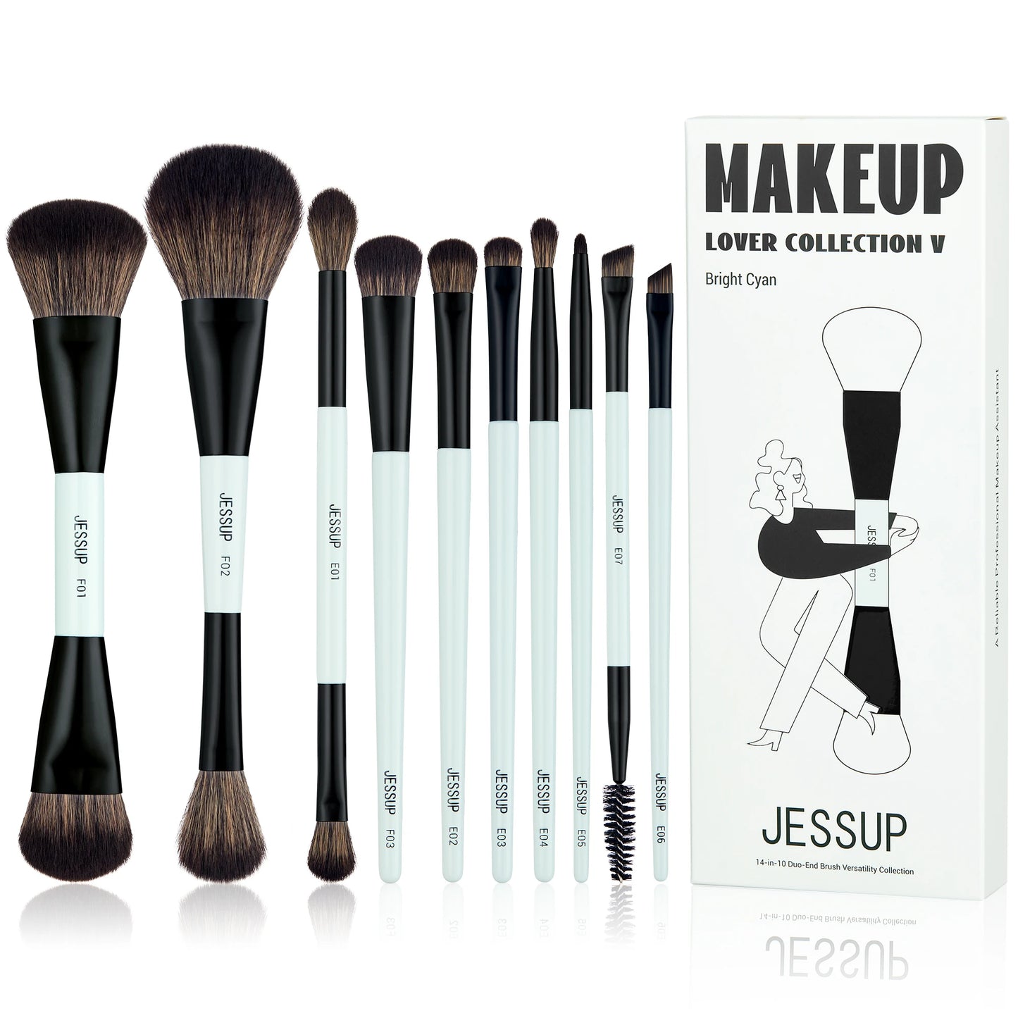 Jessup Double-Sided Makeup Brush Set – Foundation, Contour & Eyeshadow Brushes