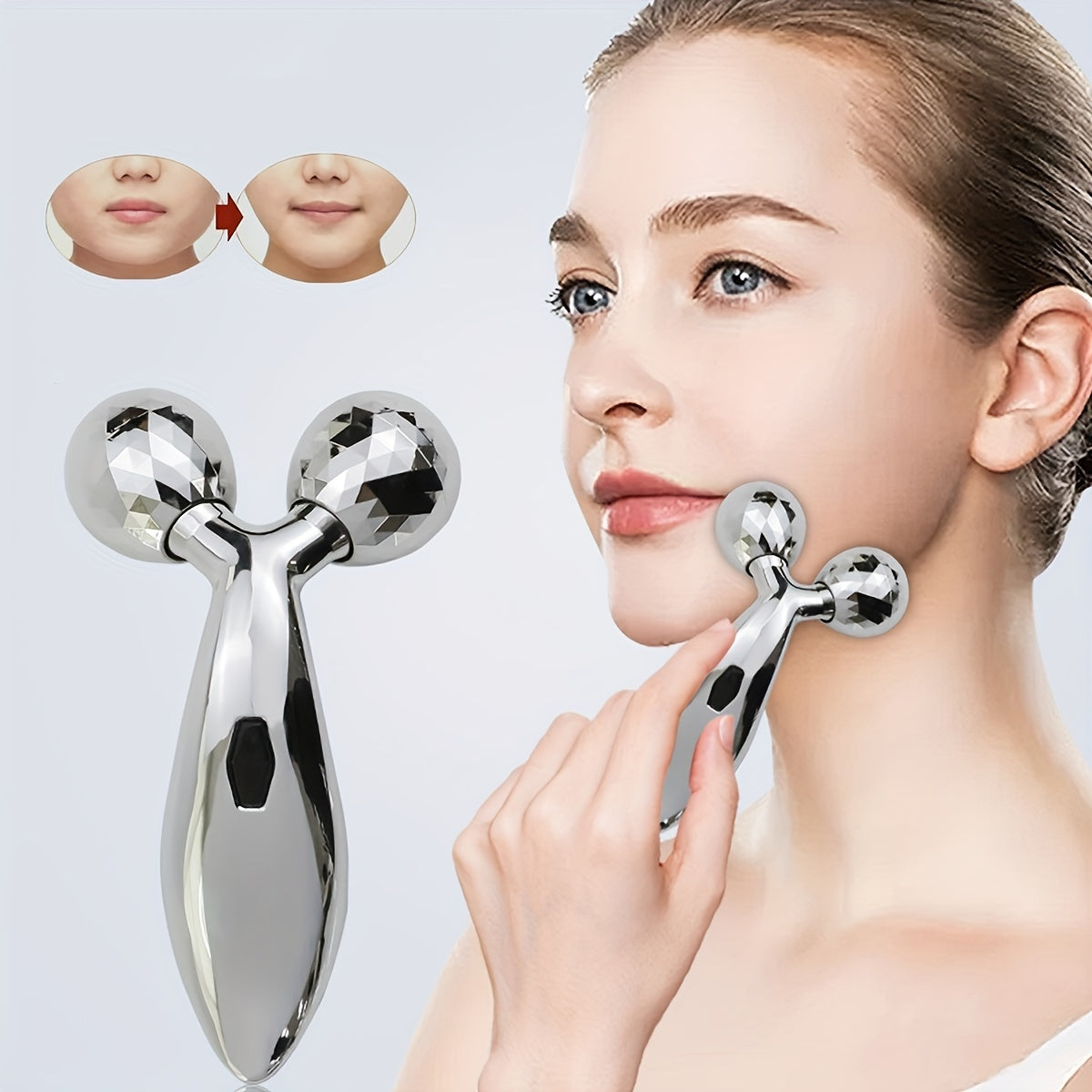 3D Roller Face & Body Massager Set – 360° Y-Shaped Beauty Tool Silver